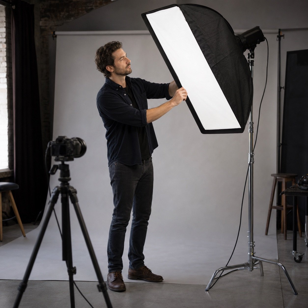 Fotograf bereitet die Beleuchtung in einem Fotostudio vor