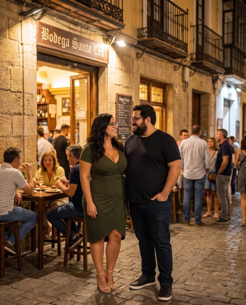 Anna und Karl stehen am Abend vor einer belebten Tapas-Bar in Sevilla.