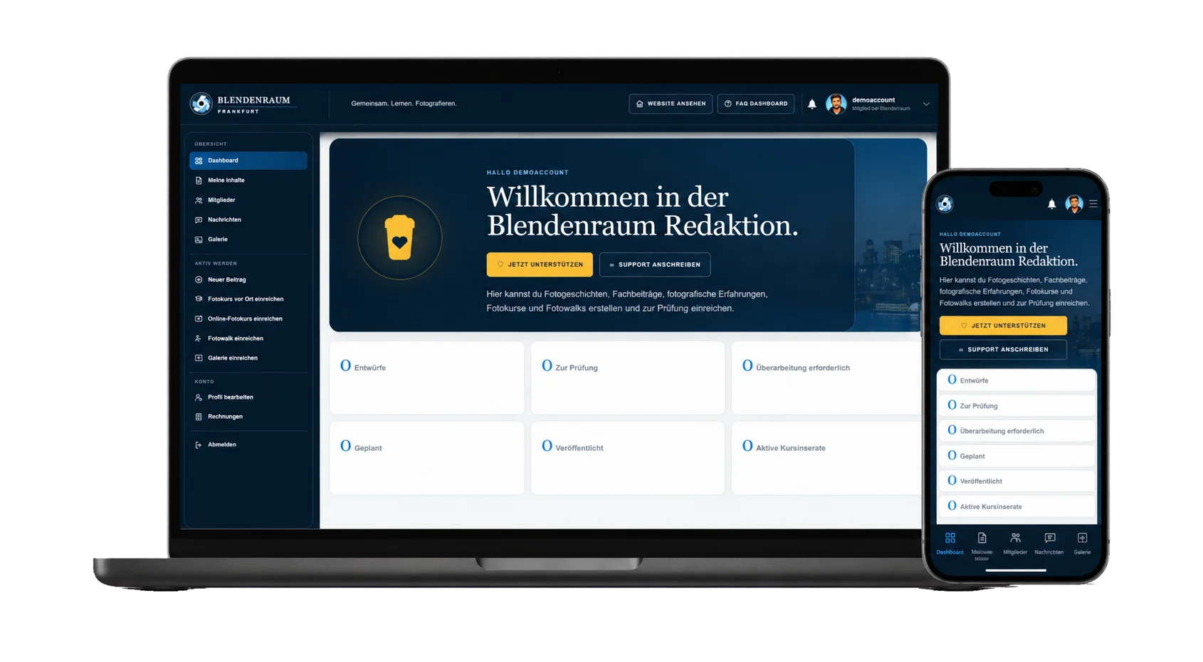 Das persönliche Blendenraum Dashboard auf einem Laptop und einem Smartphone.