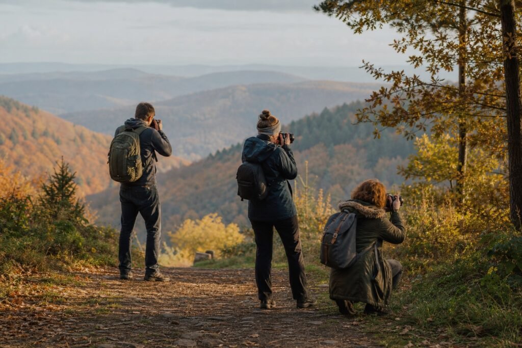 Drei Fotografen bei einem herbstlichen Fotowalk im Taunus mit Blick über die bewaldete Landschaft
