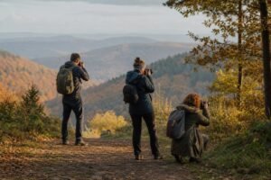 Drei Fotografen bei einem herbstlichen Fotowalk im Taunus mit Blick über die bewaldete Landschaft