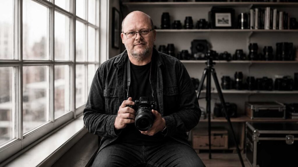 Fotograf mit Kamera in einem Studio mit Objektiven und Fotoausrüstung im Hintergrund