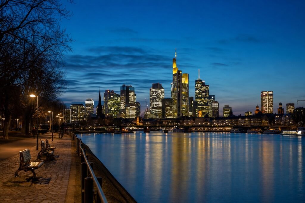 Frankfurter Skyline am Main während der blauen Stunde mit beleuchteten Hochhäusern