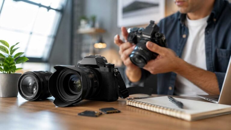 Kamera mit Objektiven und Fotozubehör auf einem Tisch während eines Fotografie-Grundlagenkurses