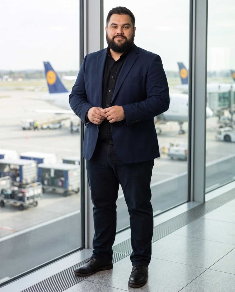 Mark steht im dunklen Anzug vor einer großen Fensterfront am Flughafen Frankfurt.