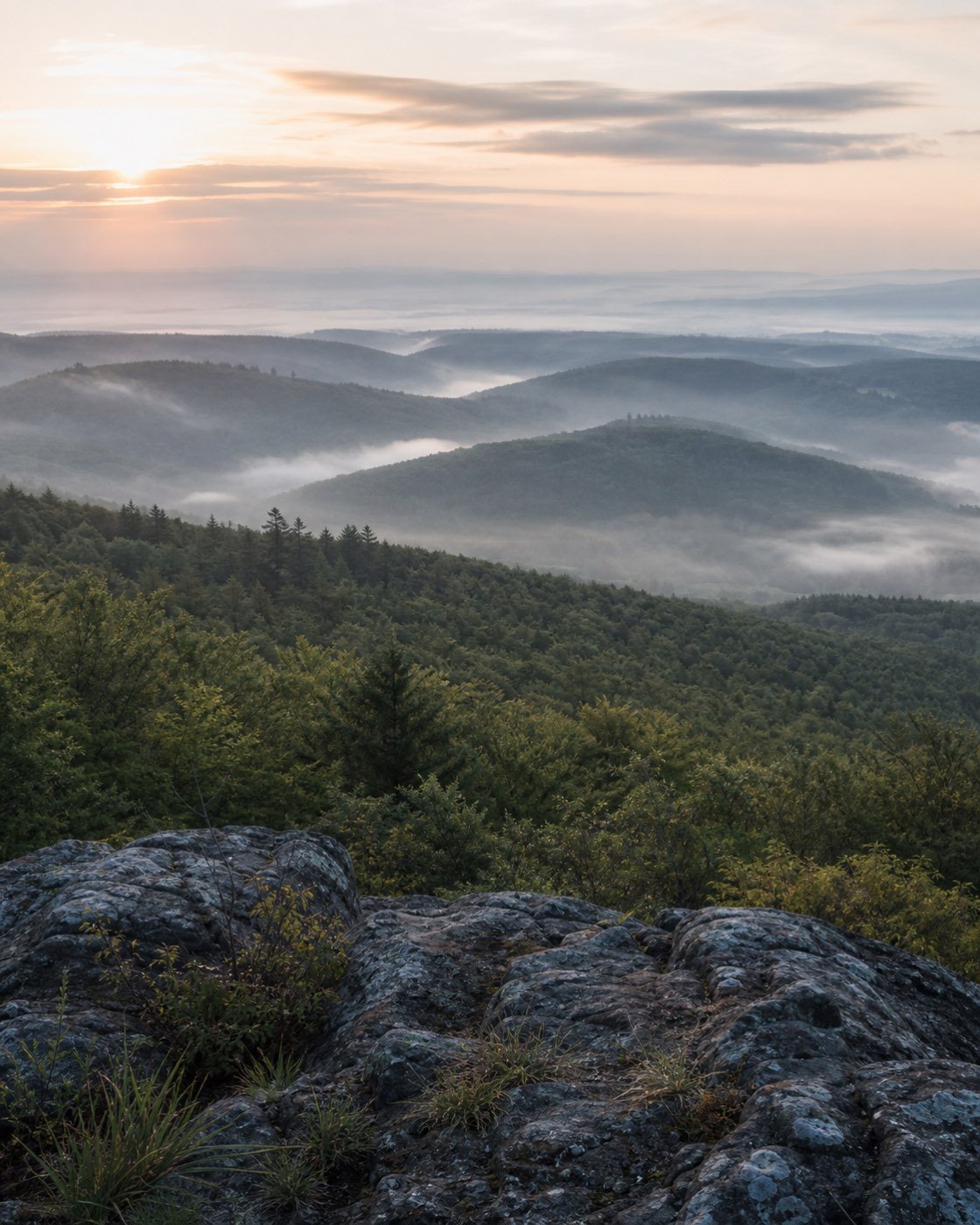 Morgennebel liegt über den bewaldeten Hügeln des Taunus bei Sonnenaufgang.