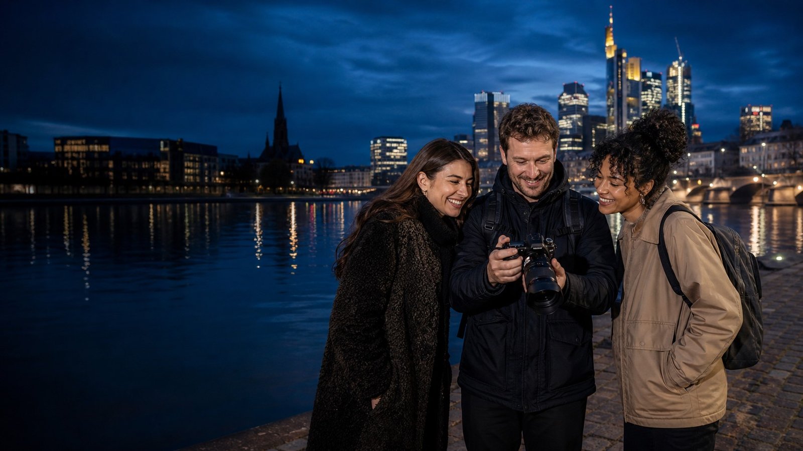 Drei Fotografiebegeisterte betrachten gemeinsam ein Foto vor der Frankfurter Skyline.